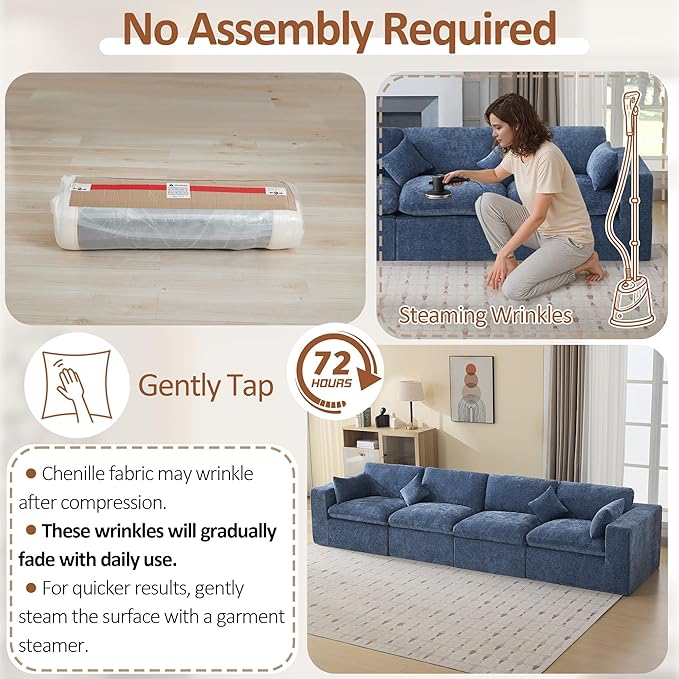 155''Cloud Boneless Sectional Couch Modular Sectional Sofa Deep Seat Oversized Upholstered Convertible Comfy 4 Seater Chenille Memory Foam Sofa Couches for Living Room Blue