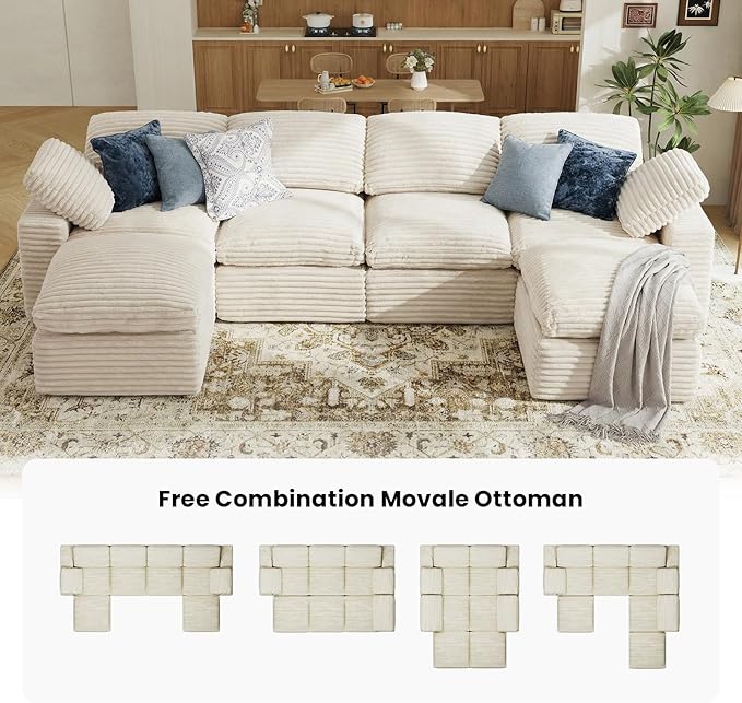 KKL 150 U Shaped Sectional Modular Boneless Sofa 6 Seater Cloud Couch with Ottoman Corduroy Sectional Couches for Living Room Bedroom Beige