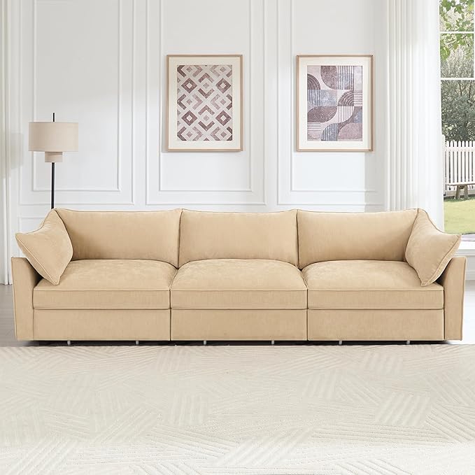 Aoowow Modular Sectional Sofa with Pullout Storage Seat 112.6” Chenille Comfy 3-Seat Sofa Couch Upholstered Deep Seat Couches with Armrests for Living Room Apartment OfficeWheat