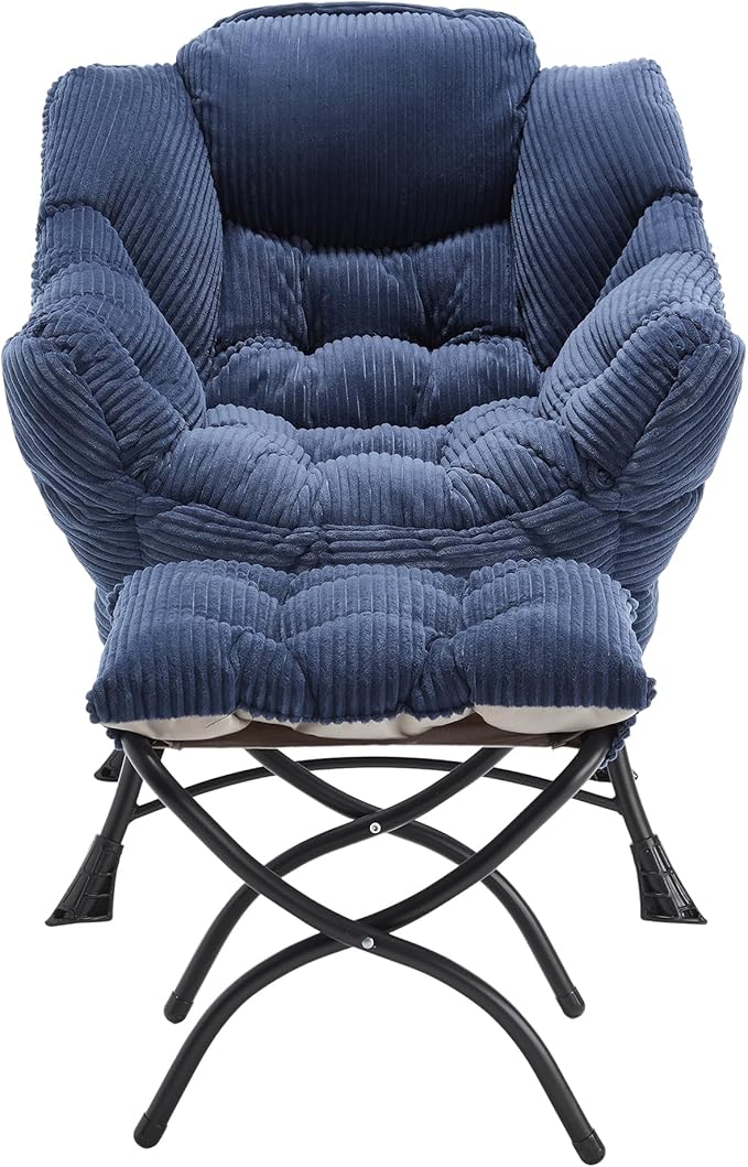 Lazy Chair with Ottoman Set Modern Lounge Upholstered Accent Sofa Chair with Armrests and Side Pocket for Small Space Bedroom Living Room Dorm Rooms Garden Navy Blue