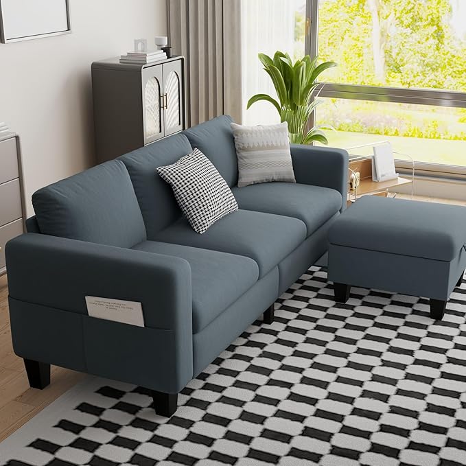 Sectional Sofa Couches for Living Room - 78''Convertible Modular Three-Seater L-Shaped Pet-Friendly CouchWashable Sofa Cover-Bench Storage Suitable for Small Living Room ApartmentOffice-Blue-Gray