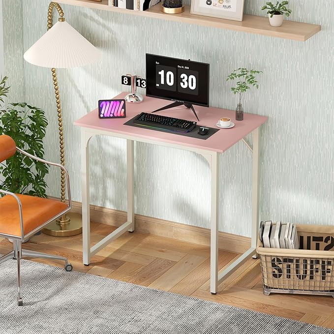 PayLessHere | 32 Inch Computer Desk | Pink | Office Desk with Metal Frame Adjustable Feet | Water-Resistant Scratchproof Surface | Sturdy Writing Table for Home Office or Study | Pack of 1