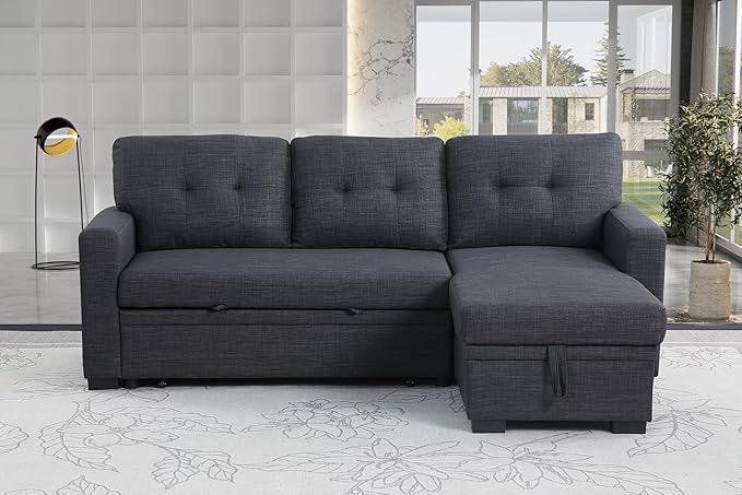 ACQCA 82 Convertible Sectional Sleeper Sofa with Storage Chaise L Shaped Pull Out Couch Bed with 3 Tufted Back Cushion for Living Room ApartmentOfficeDark Gray