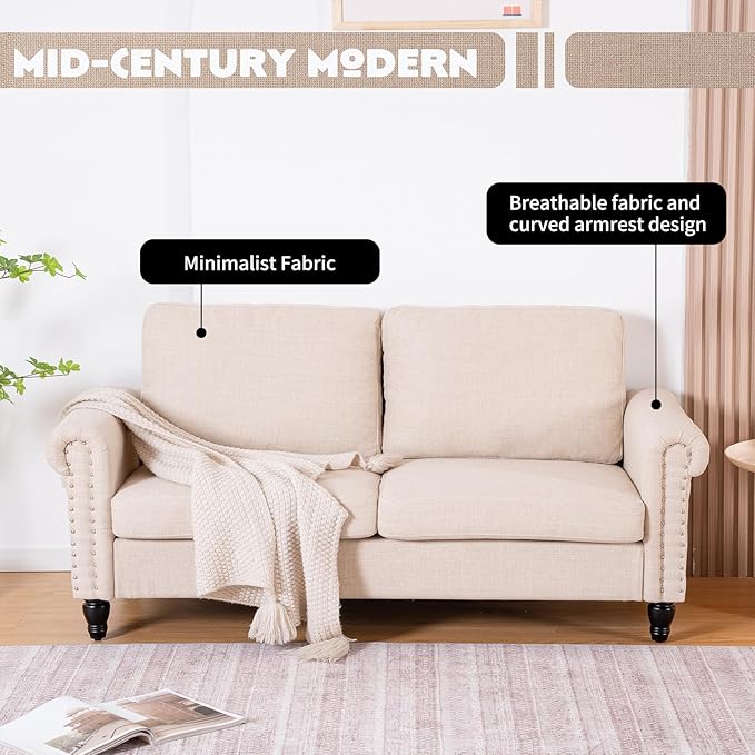 J.C.UP 57’’ Loveseat Sofa CouchSmall Couches for Living Room with Linen FabricComfy Upholstered Love Seat Sofa Couches for Bedroom with Solid Wood Legs2 Seater Mini Modern Couch for Small Spaces