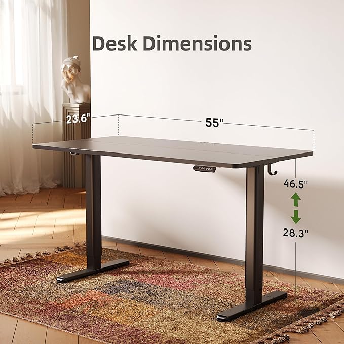 INNOVAR Electric Standing Desk Adjustable Height Stand up Desks 55 x 24 Inches Sit Stand up Desk for Home Office Computing 3-Preset Memory Height Ergonomic Rising Desks Black