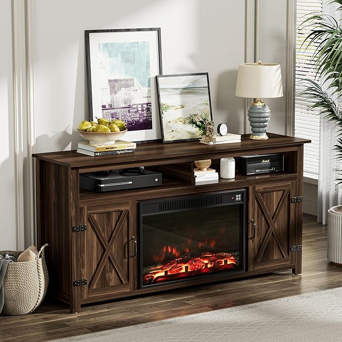 YESHOMY Fireplace TV Stand for Television up to 65+ Inch with Storage and Farmhouse Barn Doors Entertainment Center with Cabinet and Shelves Media Console for Living Room Walnut