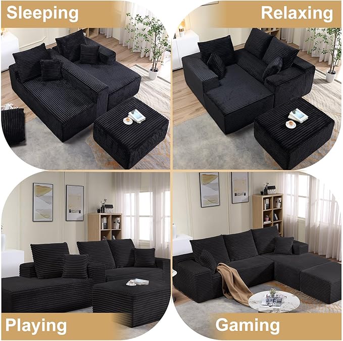 107 Corduroy Modular Sectional Sofa with OttomanModern U-Shaped Cloud Couch with Deep SeatComfy 3-Seater Sofa for Living RoomNo Assembly (BlackRight-Facing Chaise)