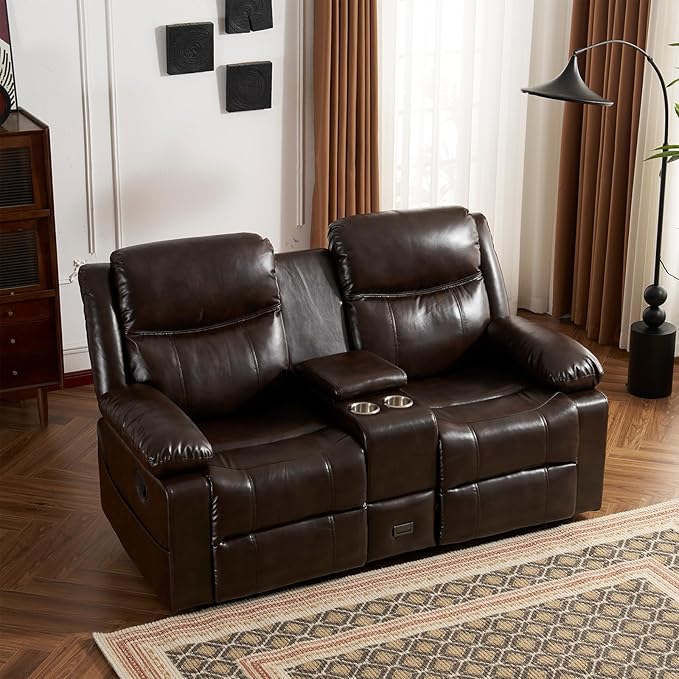 Reclining Loveseat Sofa with Massage &amp Heat Leather Recliner Couch with Side Pockets Extra Storage Cup Holders for Living Room RV