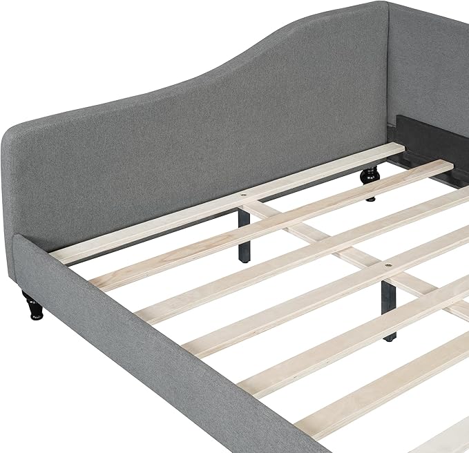 Merax Full Size Bed Frame Daybed L-Shaped Linen Day Bed Corner Sofa with Solid Wood Legs for Living Room Guest Room No Box Spring Needed Grey