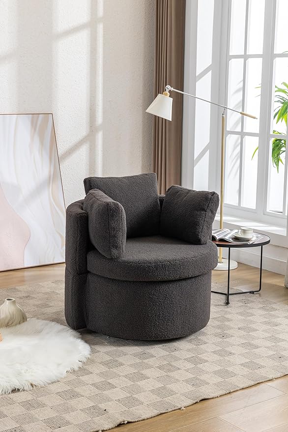 FOXHUNTER Swivel Barrel Chair 360 Degree Oversized Swivel Accent Chair with 3 Pillows Swivel Storage Chair for Nursery Living Room Bedroom 31.5D X 33.9W X 33.86H Inch (Teddy Dark Gray)