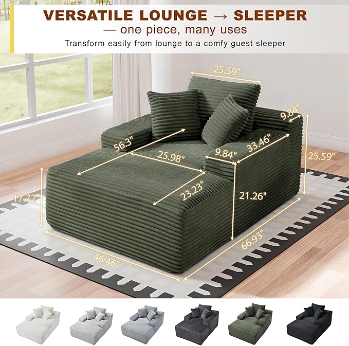 67 Inch Chaise Lounge Chair Indoor Oversized Corduroy Upholstered Boneless Sofa Bed with Amrests and 2 Pillows Cloud Sleeper Couch Reading Chair for Living Room