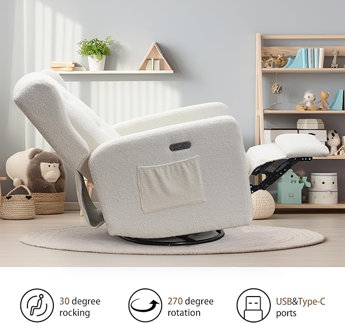 Power Swivel Rocking Recliner Chair High Back Electric Rocker Nursery Glider Chair USB and Type-C Ports Upholstered Teddy Fabric Reclining Single Sofa Chair for Living Room (Teddy Beige)