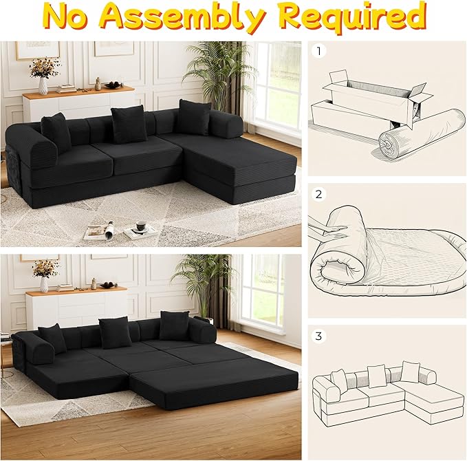 106.3 L Shape Convertible Sleeper Sofa Bed Oversized Modular Sectional Cloud Sofa with Fixed-Shape Frame &amp Storage Pocket Boneless Couch for Living Room No Assembly Required Black