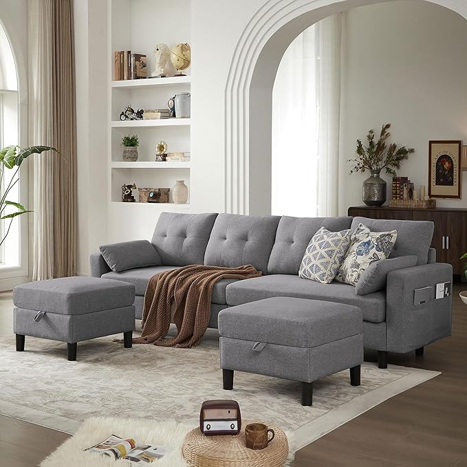 Sectional Sofa Couch Sleeper Sofa Bed 101 Convertible U Shaped Couch with Double Chaise 4-Seat Sofa Set for Living Room Light Grey