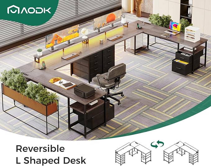 AODK 66 L Shaped Desk 113 Computer Desk with File Cabinet &amp 4 Fabric Drawers Home Office Desk with Monitor Shelf &amp Power Outlet Two Person Desk or Corner Desk Gaming Table with LED Light