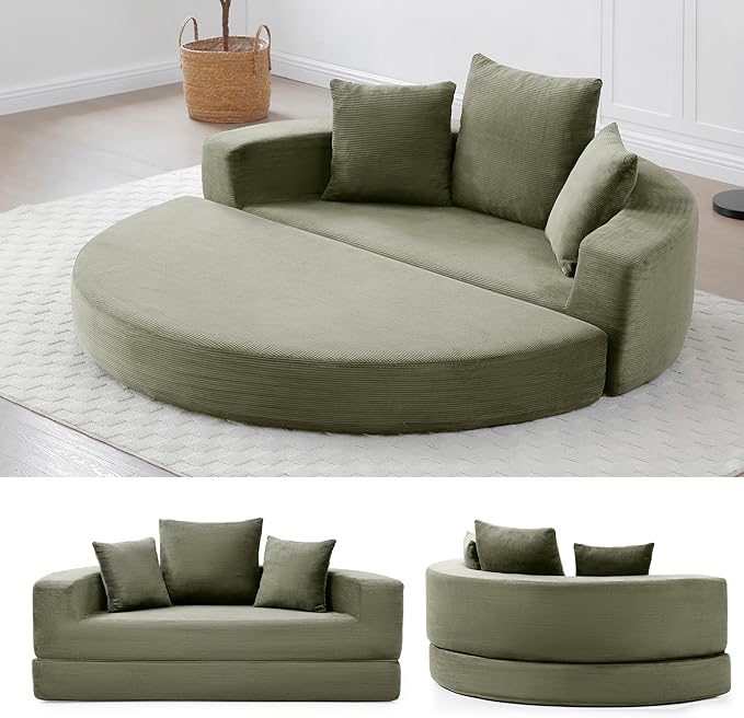 67 Round Convertible Folding Sofa Bed Boneless Couch Loveseat Floor Sleeper Chaise Lounge for Living Room Apartment Dorm Small Spaces Green