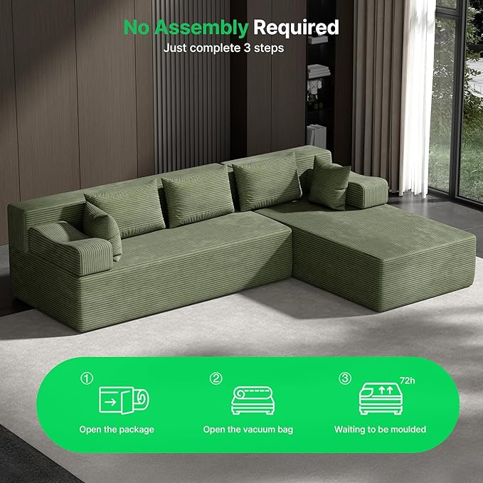 106 Cloud Sectional Couch with L-Shaped Chaise Modular Sectional Sofa with Deep Seat and Removable Armrests Comfy Corduroy Boneless Couches for Living Room No Assembly Required Green