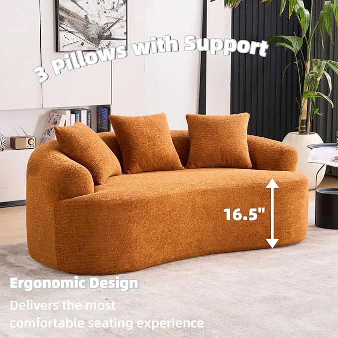 65 Curved LoveseatDeep Seat Cloud Floor Couch with 3 BackrestCozy Chenille FabricSmall Loveseat for Small SpacesBedroomOfficeApartment (Orange 65 Inch)