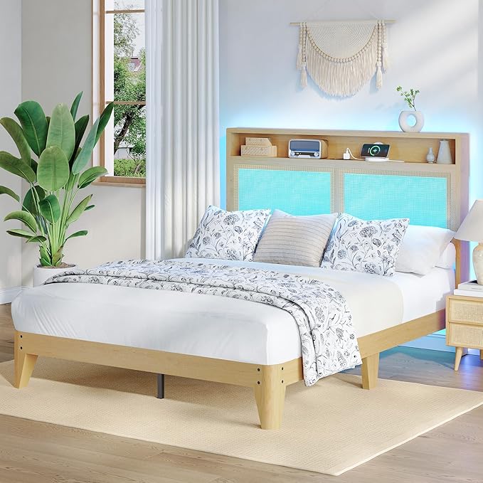 GAOMON Rattan Bed Frame Full Size with RGB LED Light &amp Charging Station Boho Rattan Full Bed Frame with 2 Tier Storage Headboard Sturdy Wooden Slats Support Under Bed Storage No Box Spring Nee