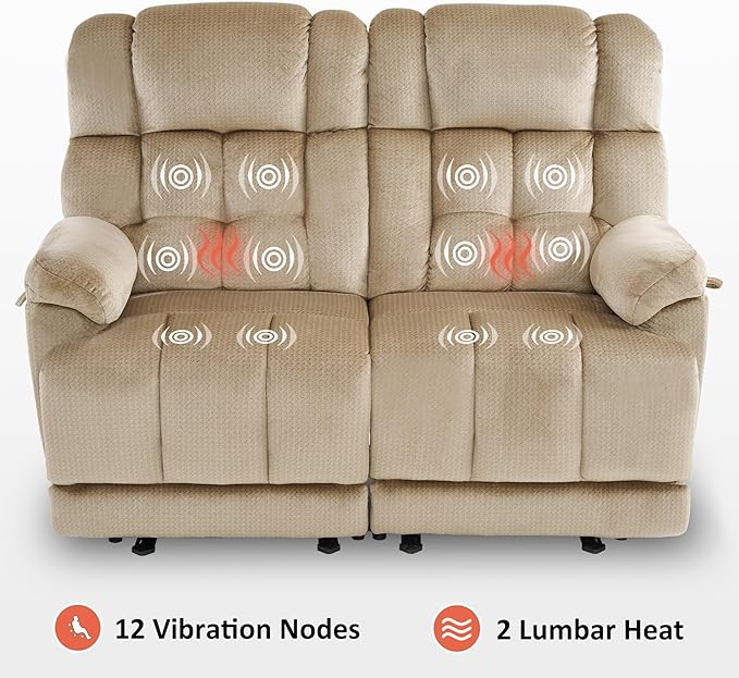 MCombo 58.7 Zero Gravity Power Loveseat Recliner with Heat and Vibration Massage Reclining Loveseat Sofa with USB Ports for Living Room Fabric 6237 (Beige)