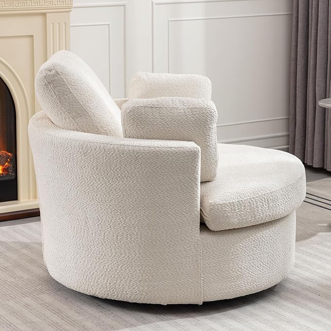 Oversize Round Swivel Chair Cozy Club 360 Degrees Swivel Sofa with 3 Pillows Chenille Fabric for Living Room Lounge Hotel Bedroom 40.2D X 42.1W X 34.3H Inches (Beige)
