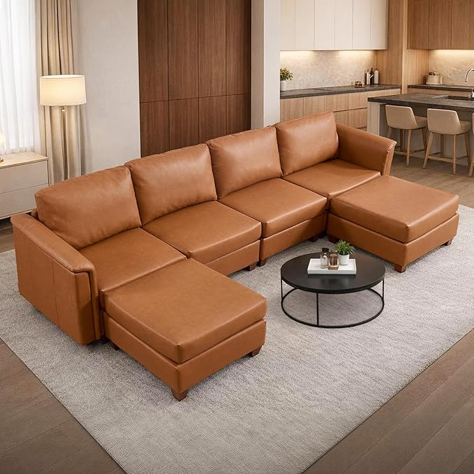 U Shaped Modular Sectional Sofa Cloud Couch with Storage Faux Leather Sectional Couch for Living Room Furniture Apartment(6-Seater B)
