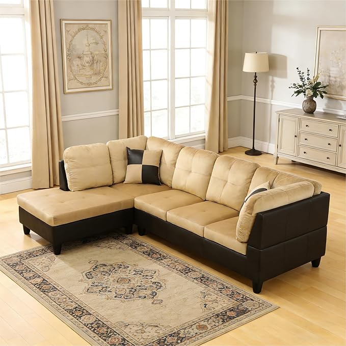 103.5 Inch Modern L-Shaped Couch Flannel Sectional Sofa with Chaise Lounge 4-Seater Couch with Accent Pillows for Living Room Apartment Beige and Brown