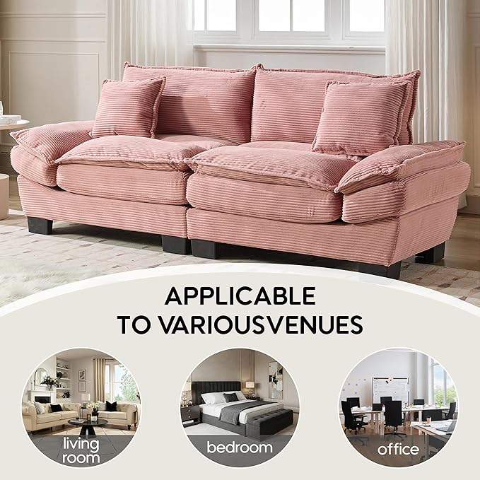 Modern 84 Corduroy Loveseat Sofa Ultra-Comfy Couch with 2 Pillows for Apartment Living Room Bedroom Home Office (Pink)