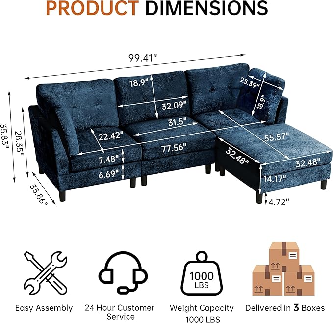 99 Sectional Couch for Living Room Oversized 3-Seater L Shape Sofa with Deap Wide Seat Movable Ottoman Polyester Fabric Blue
