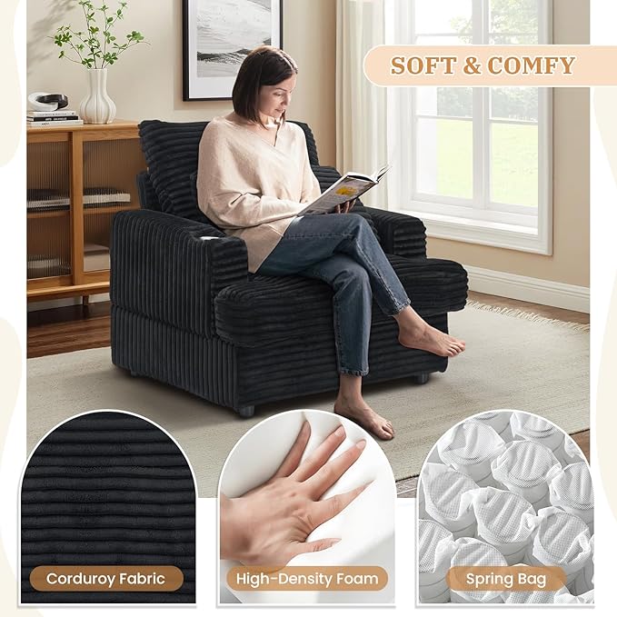 Chaise Lounge Chair Indoor 39 W Plush Corduroy Oversized Chair with Ottoman Upholstered Cozy Chaise with Cup Holder Modern Deep Seat Comfy Sofa Armchair for Living Room Bedroom(Black)