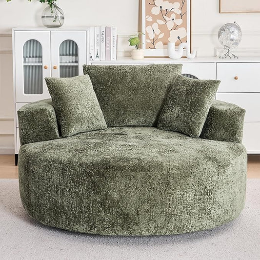 54.5 Green Oversized Swivel Barrel Chair - Chenille Comfy Modern Sofa Chair Fluffy Upholstered Round Accent Chair Cloud Lounge Armchair with 3 Pillows for Living Room Apartment