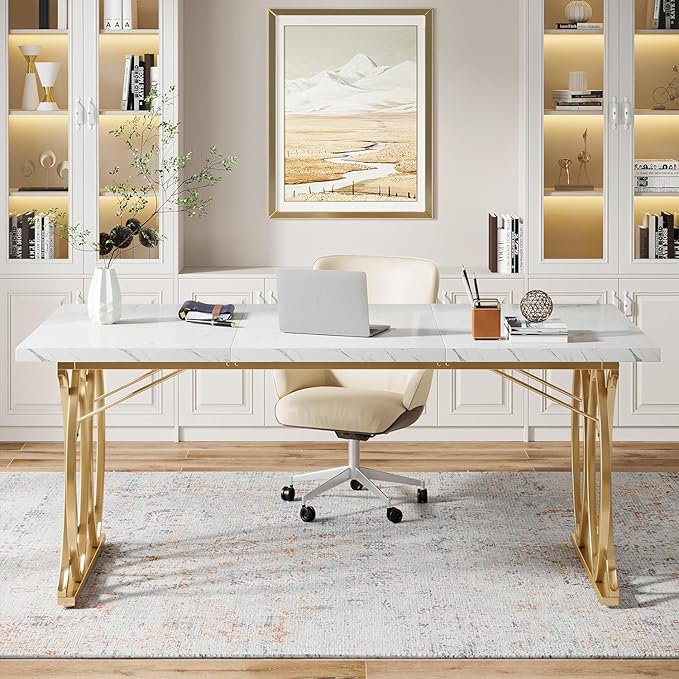 Tribesigns Executive Desk 63 W Large Computer Desk Modern Office Desk Conference Table Meeting Room Table Business Furniture for Home Office White and Gold