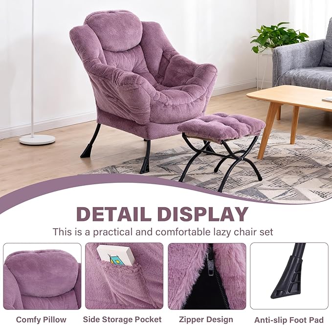 Lazy Chair with Ottoman Modern Accent Chair Contemporary Lounge Leisure Sofa Chair with Armrests Reading Chair and Folding Footstool Set for Living Room Bedroom Office