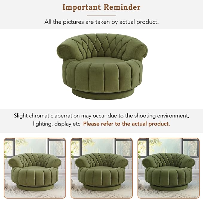 Merax 360 Swivel Accent Chair Sofa Modern Comfort Oversized Round Seat with Luxurious Chenille Fabric Channel Tufted Back Thick Cushion for Living Room Bedroom Green