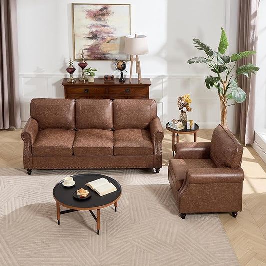 Kingfun Mid-Century Modern Couch Faux Leather Sofa Set 3 Seater Couch for Living Room with Rolled arms &amp Nailhead Trim Dark Brown