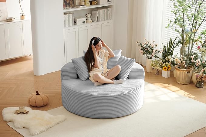 55''L Oversized Round Chaise Longue Chair Indoor Corduroy Sponge Single Sofa Oversized Round Chairs Modern Sleeper Chair for Living RoomProjection Room Wide Armrest Chairs Light Grey