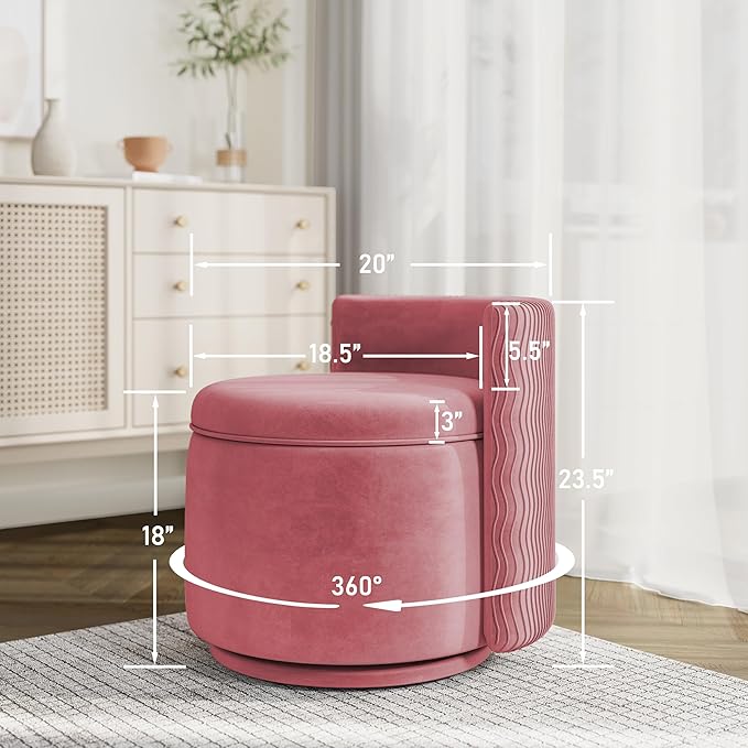 360° Swivel Accent Chair with Storage Vanity Stool with Back Velvet Storage Ottoman Upholstered Round Barrel Vanity Chair for Living Room Makeup Room Bedroom (Dusty Rose)
