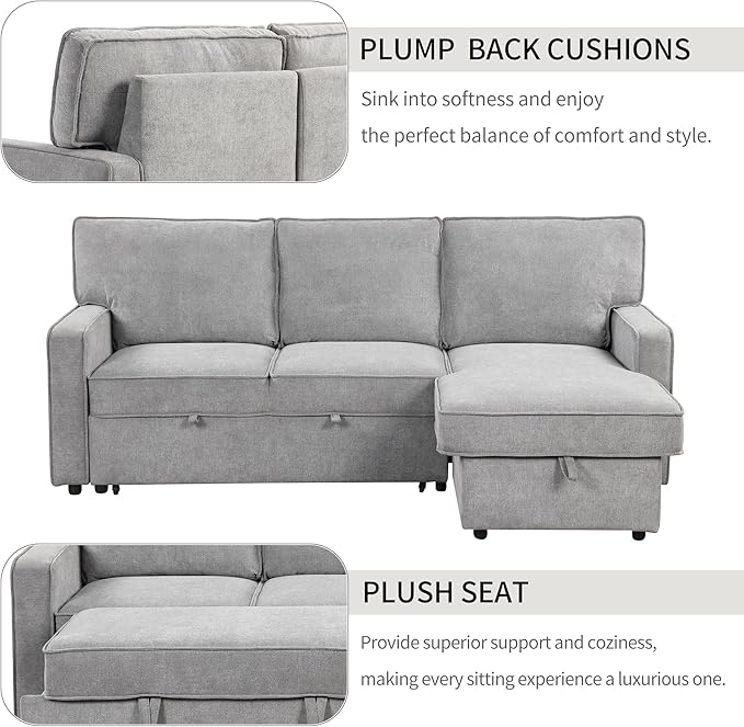 L-Shaped Convertible Sectional Sofa with Storage Space Upholstery Sleeper Sectional Sofa with USB Port and 2 Cup Holders on Back Cushions 3-Seat Sofa Furniture for Living Room Office (Grey-89'W)