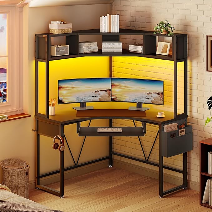 SEDETA Corner Desk Small Computer Desk with Hutch &amp LED Lights Triangle Corner Gaming Computer Desk with Keyboard Tray Storage Bag and Headphone Hook for Small Space Home Office Desk Black
