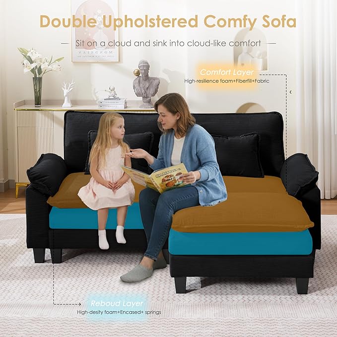URRED Modular Cloud Couch Sectional Sofa 87 L Shaped Deep Seat Sofa with Ottoman &amp Pillows Ultra Comfy Corduroy Loveseat Sofa for Living Room Apartment or Bedroom Black | Corduroy Fabric