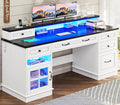 BTHFST Executive Desk with File Drawer Computer Desk with Monitor Stand Home Office Desk with Drawers &amp Storage Cabinet Writing Desk with Charging Station &amp LED Lights White