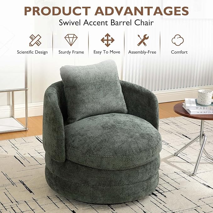Beige Swivel Accent Chairs for Living Room Round Swivel Barrel Chair with Comfy Pillow &amp Curved Backrest Small Upholstered Armchair for Small Spaces Bedroom Office (Green)