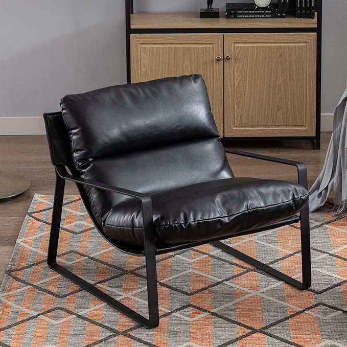 HEAH-YO Modern Accent Chair Set of 1 PU Faux Leather Living Room Chair with Removable Cushion and Solid Metal Frame Comfy Reading Chair for Bedroom Black