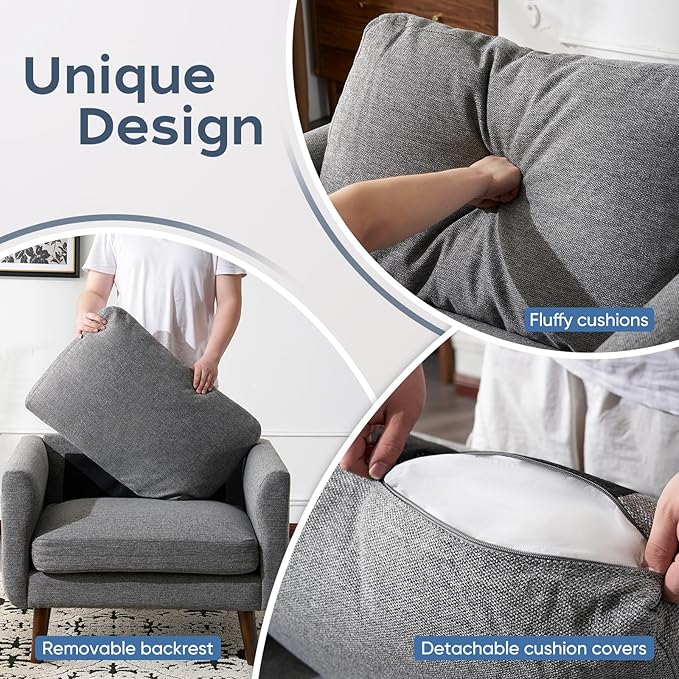 ELUCHANG Accent Chair Set of 1 Oversized Mid Century Modern Arm Chair Soft Linen Fabric Sofa Chairs Upholstered Comfy Chair for Living Room Bedroom Apartment (Grey)