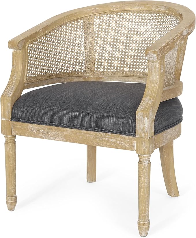 French Country Accent Chair for Living Room Mid Century Modern Reading Armchair with Cushion and Slender Turned Legs Single Sofa Chair with Rattan Backrest for Bedroom Club Charcoal