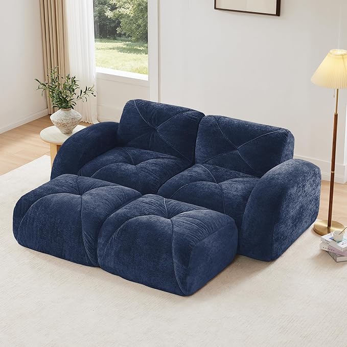 Boneless Couch Modular Sectional Sofa 80.3 U Shaped Sectional Couches for Living Room Upholstered Cloud Couch Retro Velvet Floor Sofa with Ottoman Deep Seat Loveseat for BedroomBlue