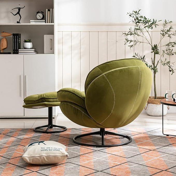 i-POOK Velvet Swivel Chair with Matching Swivel Ottoman Modern Upholstered Accent Chair with Round Black Metal Base and Backrest for Bedroom Living Room and Apartment Fruit Green