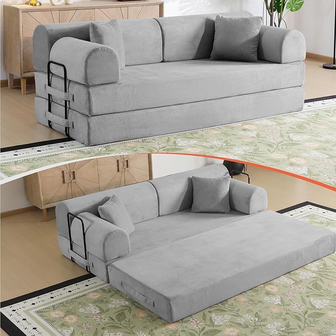 78.8 Boneless Memory Foam Couch Corduroy Convertible Floor Sofa Bed Fold-Out Sleeper Futon Loveseat Wide Armrests &amp Supportive Back 1200 lb Couch in a Box 2 Pillows Light Grey