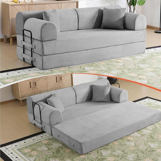 78.8 Boneless Memory Foam Couch Corduroy Convertible Floor Sofa Bed Fold-Out Sleeper Futon Loveseat Wide Armrests &amp Supportive Back 1200 lb Couch in a Box 2 Pillows Light Grey