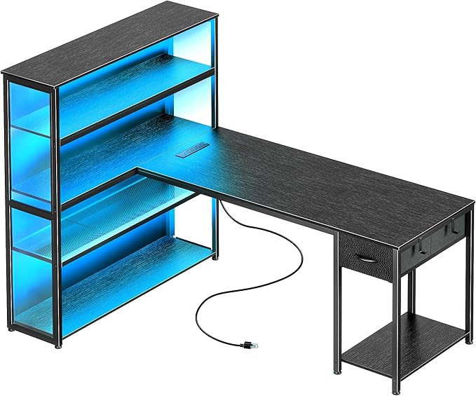 PRAISUN 57 Inch L Shaped Gaming Computer Desk with Larger Open Cabinet Reverisble Office Desk with Power Outlets LED Lights Work Desk Fabric Drawer Adjustable Wood and Mesh Shelf Black